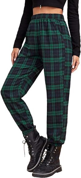 Women's Plaid Casual Pants Elastic Waist Loose Trousers with Pockets | Amazon (US)
