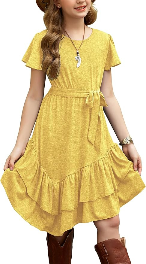 Arshiner Girls Dresses Loose Plain Casual Ruffle Swing Midi Dress with Belt for 5-14 Years | Amazon (US)