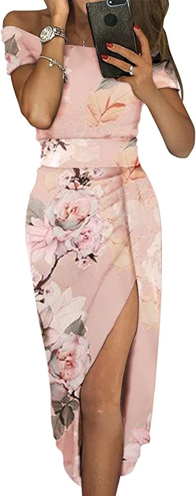 Sidefeel Womens Casual Off The Shoulder Floral Print Ruched Bodycon High Slit Evening Party Dresses | Amazon (US)