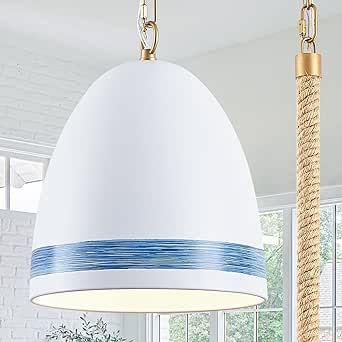 1-Light White Blue Pendant Light for Kitchen Island Adjustable Hemp Rope Chain Boho 10in Large Pe... | Amazon (US)
