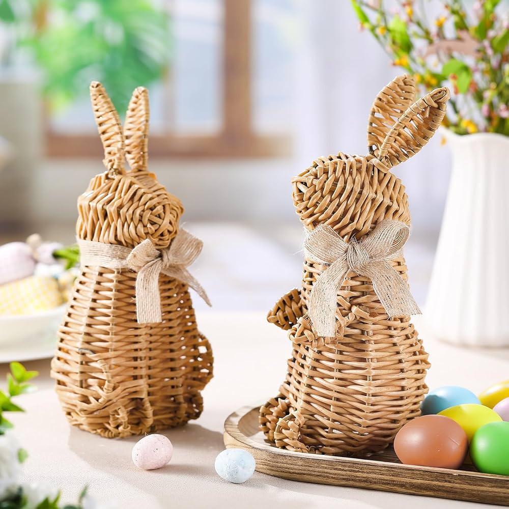 Wesiti 2 Pack Rattan Bunny Decoration, Easter Natural Rattan Sedentary & Stand Rabbit Statue Figu... | Amazon (US)