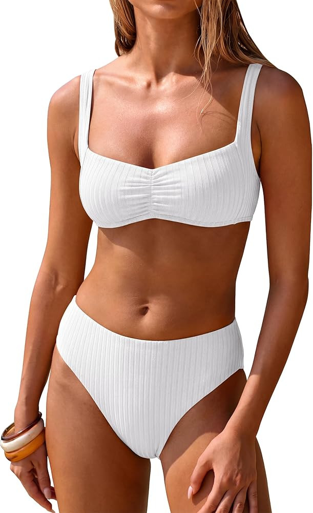 Womens Bikini Sets Two Piece Swimsuit Ribbed Front Ruched Mid Waisted Bathing Suit Color Block 20... | Amazon (US)