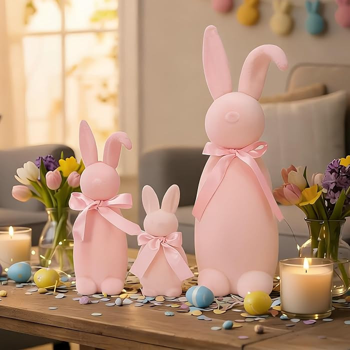 JarThenaAMCS 3 Pcs Flocked Bunny Easter Decoration Pink Flocking Rabbit with Bow for Spring Home ... | Amazon (US)