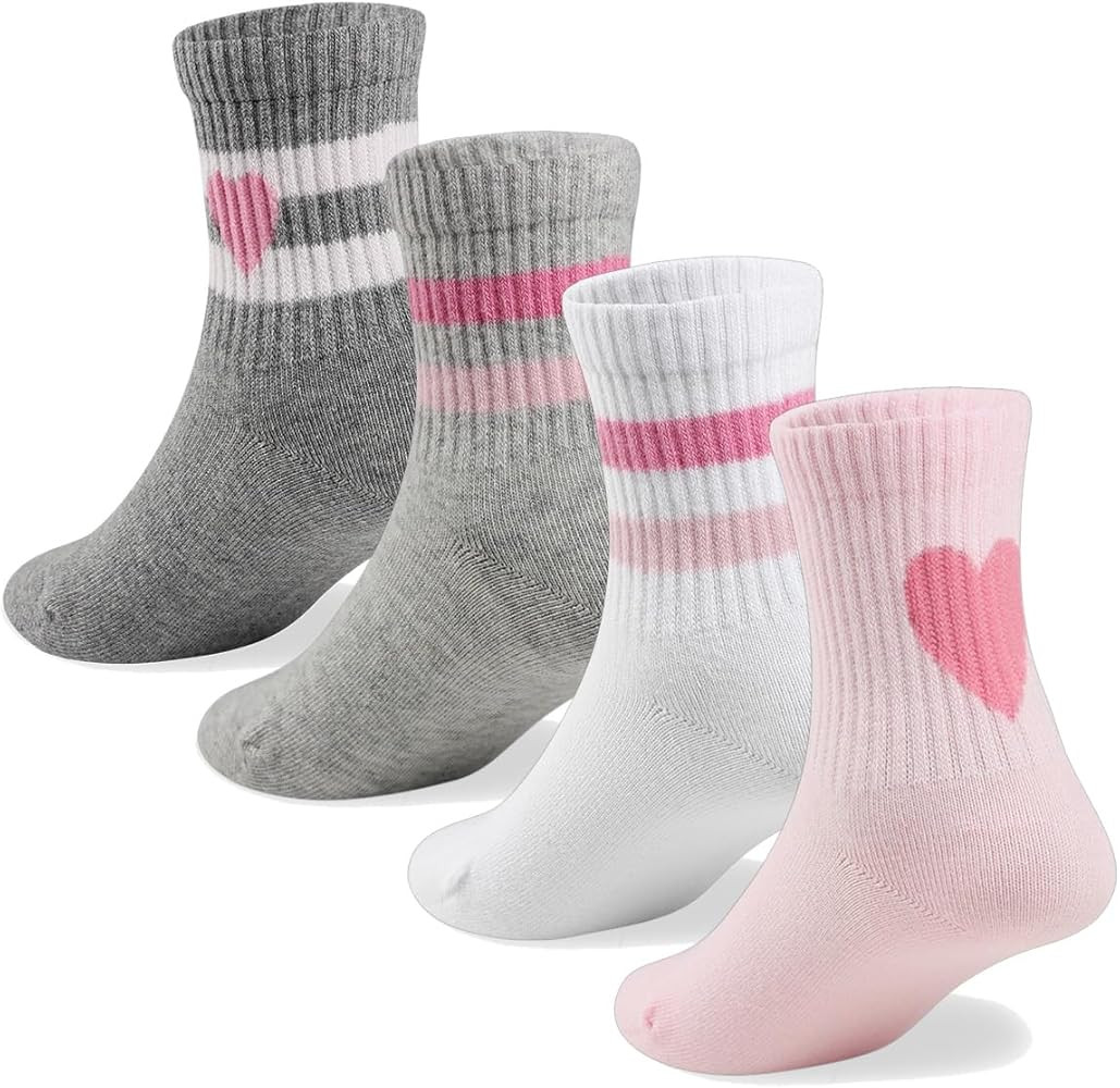 COTTON DAY Kids Girls Pink White Crew Athletic Socks with Retro Stripes Hearts | Amazon (US)