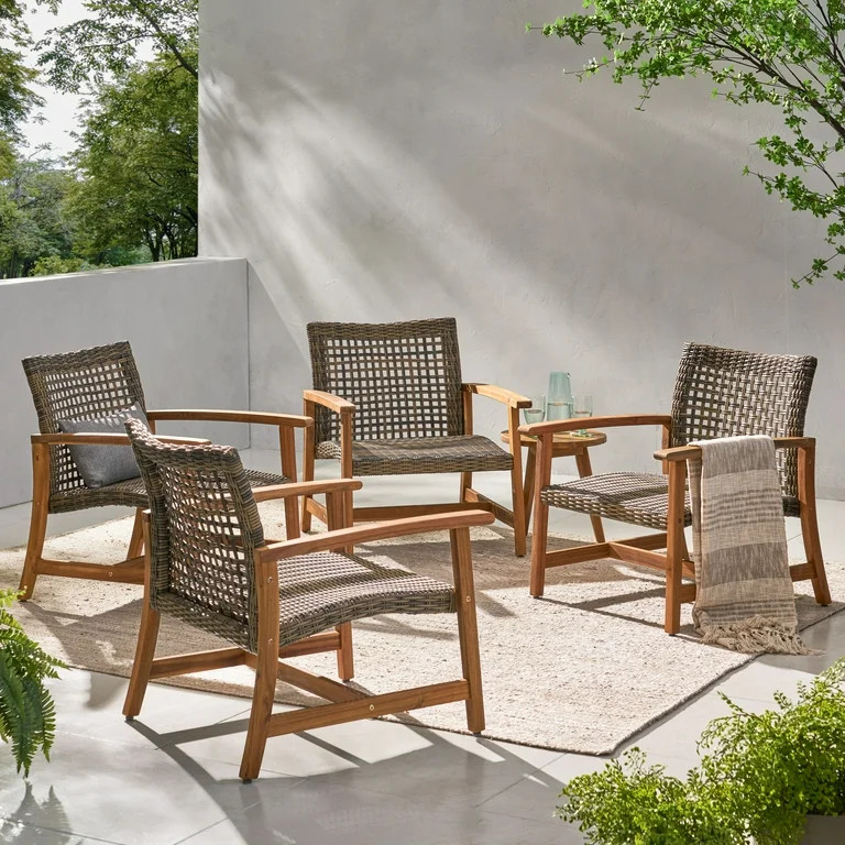 Outdoor Mid Century Wicker Club Chairs with Natural Stained Acacia Wood Frame, Grey | Walmart (US)