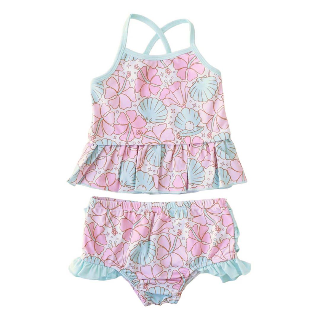 Two Piece Strappy Tankini with Ruffle Bottom | Ocean Pearl | Caden Lane