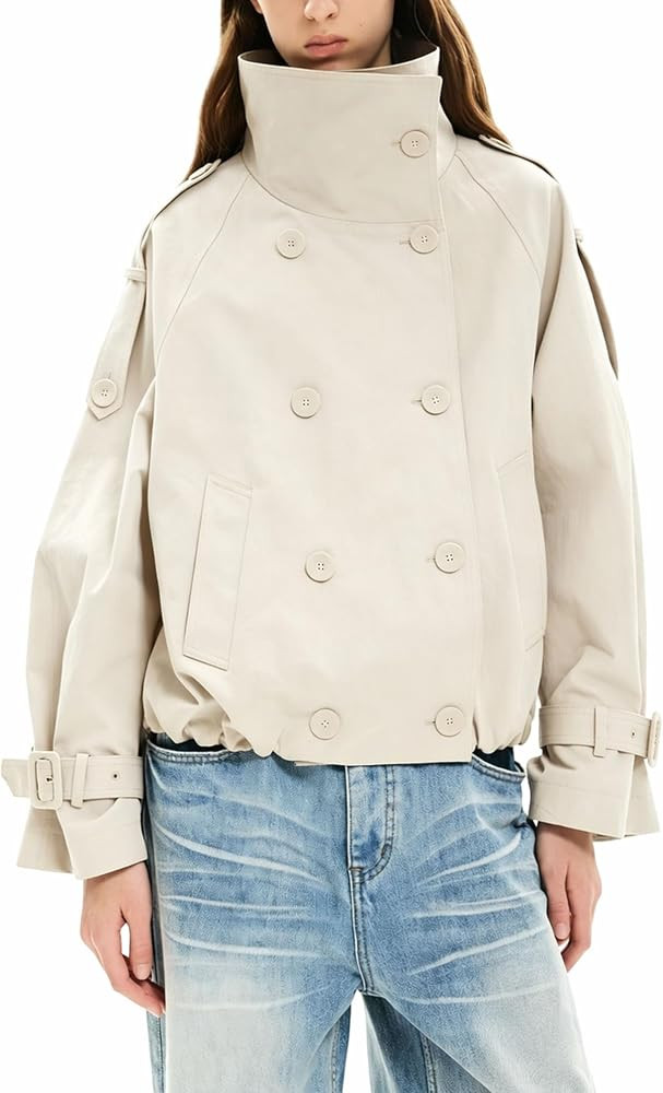 Womens Cropped Trench Coat Funnel Neck Double Breasted Pleated Hem Trendy Fall Outfits Spring Jac... | Amazon (US)