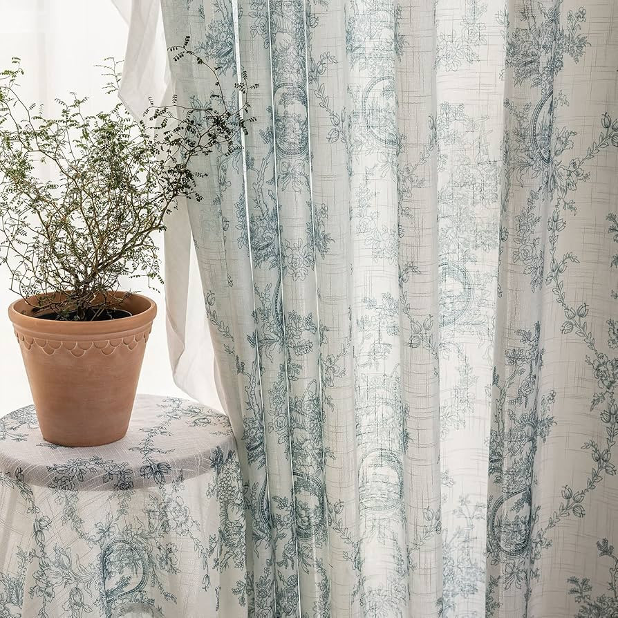 Blue Floral Semi Sheer Curtains Linen Textured for Living Room Print Vine Flowers Tulle Light Fil... | Amazon (US)
