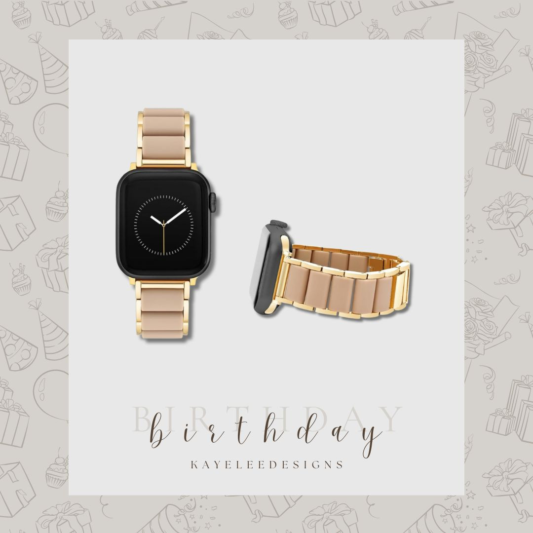 Day 4 of my Birthday Wishlist! This Anne Klein rubberized fashion bracelet for an Apple Watch in gold and taupe is the perfect blend of style and function. I want this band for several reasons: the rubberized bracelet is easily cleanable, allowing me to work out in this band without changing it often between work and workouts. The taupe color is easily pairable with any outfit, and the gold accents elevate the look, making it appropriate for work events. This versatile watch band would be a practical addition to my everyday accessories.  

 