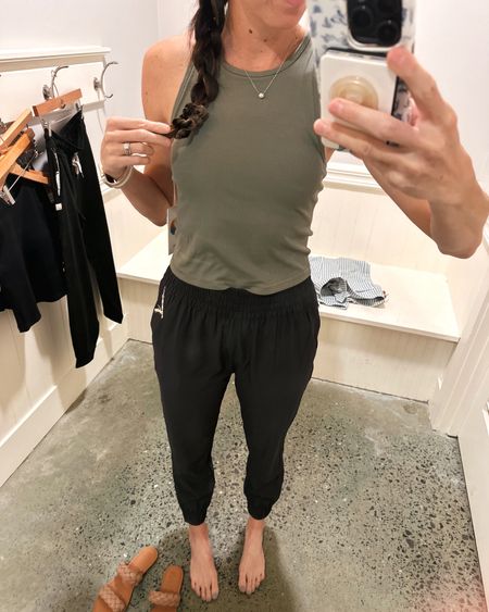 Vuori high neck ribbed tank top in olive green- perfect for working out or lounging! And the most COMFY athletic joggers- I love the thick comfy elastic waistband!! 🫶🏼 Wearing a small top and x-small in the leggings! #active #workout #summer

#LTKActive #LTKfitness