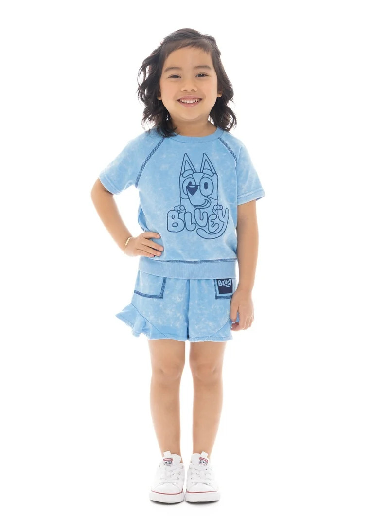 Bluey Toddler Girl Embroidered Graphic Top and Ruffle Shorts Set, 2-Piece, Sizes 12M-5T | Walmart (US)