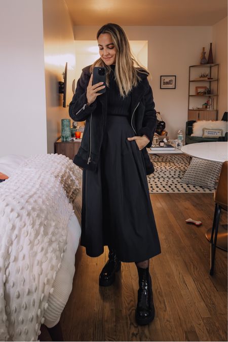 An all black fall outfit!

Midi skirt, mock neck sweater, and a black shearling jacket with some fun glossy boots 

Skirt has pockets! It runs TTS but if you’re planning on ticking a sweater into it I’d go up a size. There’s also elastic in the back! 

Jacket is old but I linked some similar options 🖤

#LTKHoliday