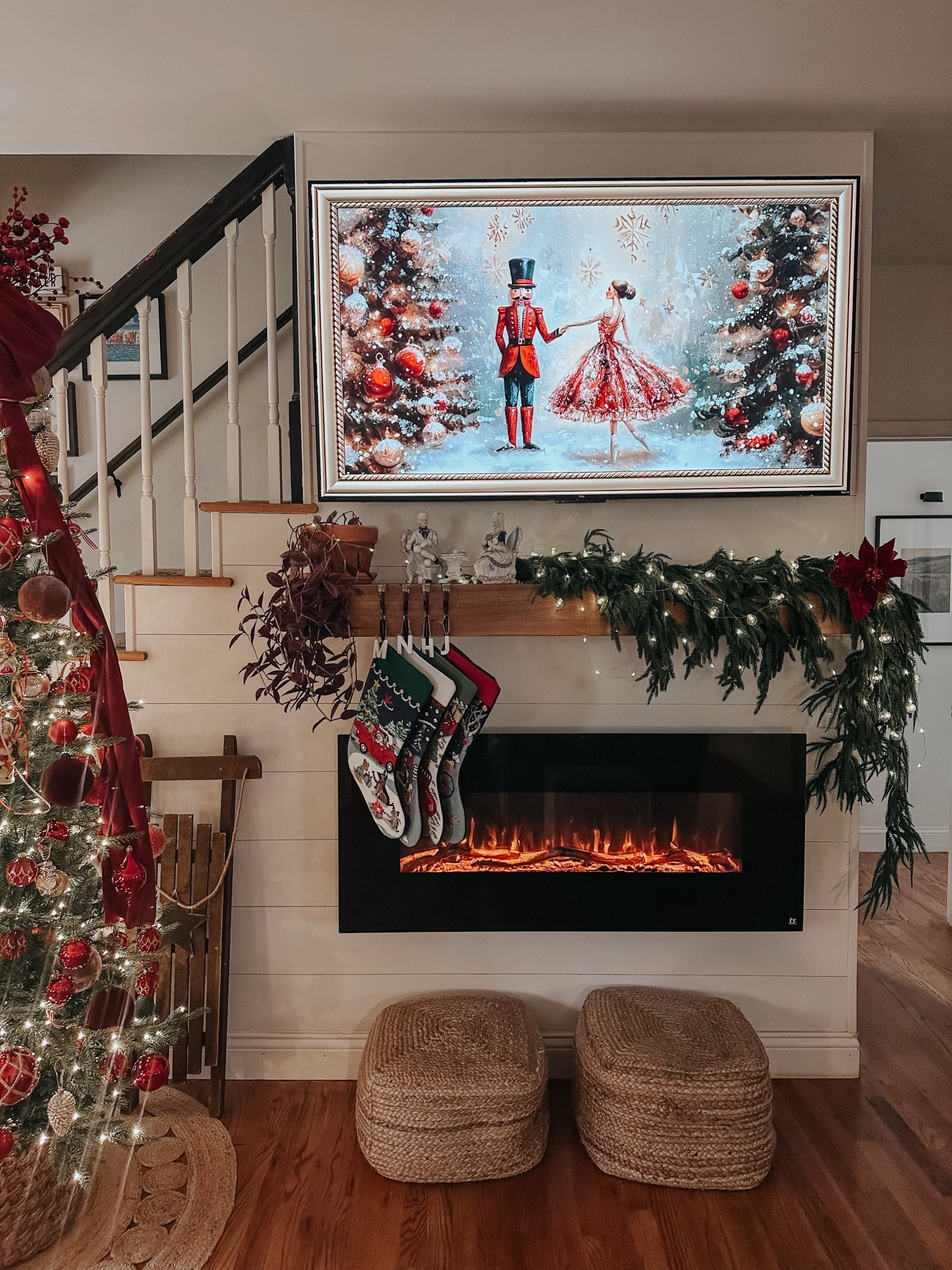 Real touch garland, bubble string lights, needlepoint stockings, colonial figurines 
Simple Christmas mantle decor 

#LTKFindsUnder50 #LTKHoliday #LTKHome