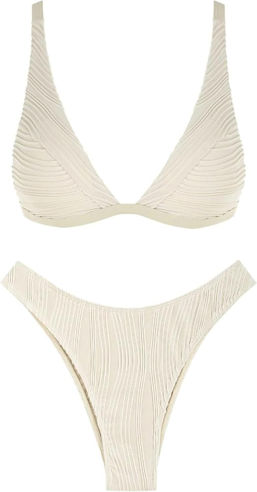 ZAFUL Women's Sexy Two Piece Swimwear Textured Triangle Plunging Neck High Cut Cheeky Bikini Set ... | Amazon (US)