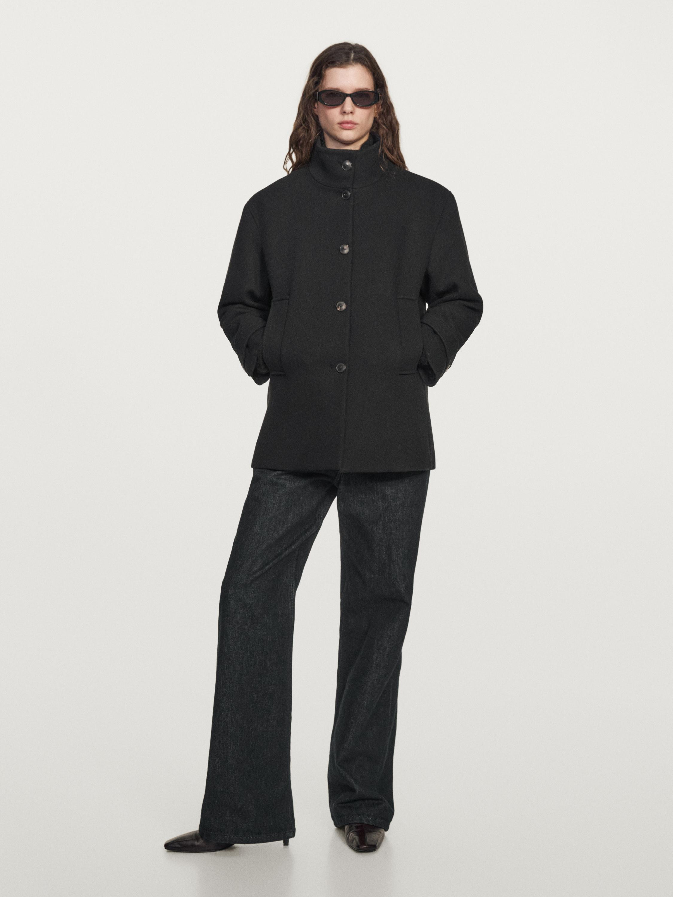 Wool blend high neck coat with button fastening | Massimo Dutti UK