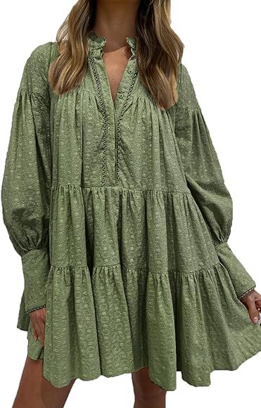 Aox Women Ruffle Sleeve Tunic Midi Dress Flowy Shift Sundress Sweet Babydoll Button Down Swing Sk... | Amazon (US)