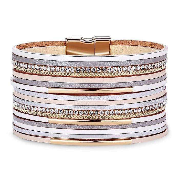 AZORA Leather Cuff Bracelet Multi Rope Wrap Bangle with Pearl Metallic Heart Cuffs Bracelets for ... | Amazon (US)