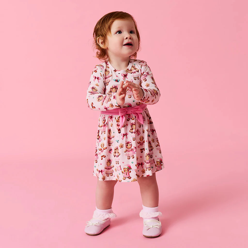 Holiday Pink Long Sleeve Ginger Posh Bow Twirl Bodysuit Dress | Posh Peanut® | Posh Peanut