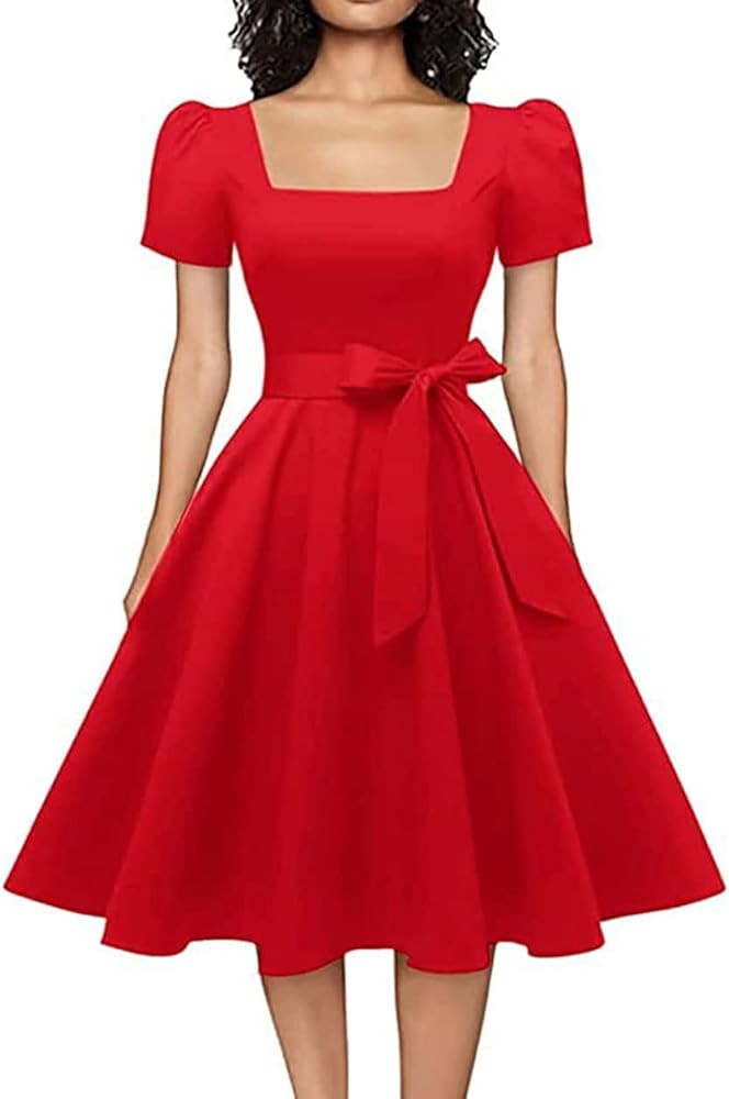 OBBUE Women's Square Neck Dress Vintage 1950s Cocktail Party Dress with Puff Sleeves | Amazon (US)