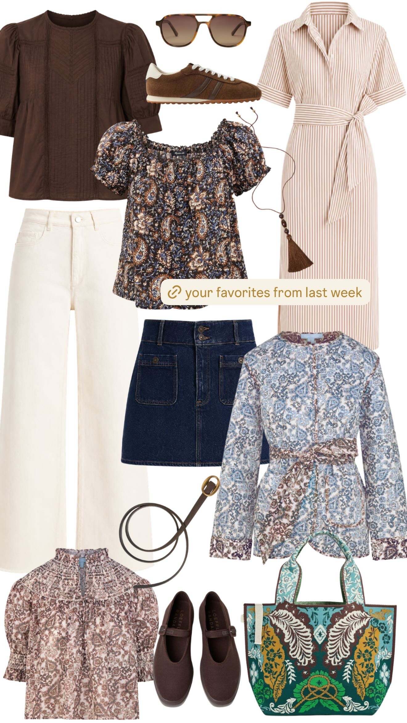 your favorites from last week! lots of really good fall staples in this mix, from chocolate brown tops + easy denim to printed layers, a classic shirtdress, and a few accessories that make everything feel a little more interesting. the brown sneakers, ecru jeans, denim mini, and printed tote are pieces you can wear now and into fall!  

 #LTKSeasonal