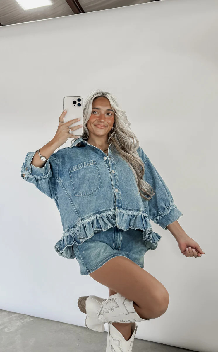 Mary Ann Denim Ruffle Hemline Top | CK Squared Boutique
