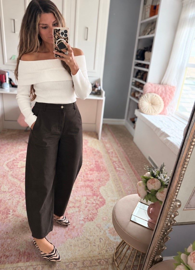 Fall date night look in brown barrel jeans