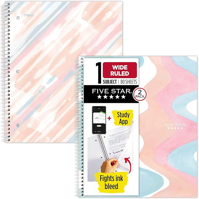 Five Star Spiral Notebooks + Study App, 2 Pack, 1 Subject, Wide Ruled Paper, 10-1/2" x 8", Brushy... | Amazon (US)