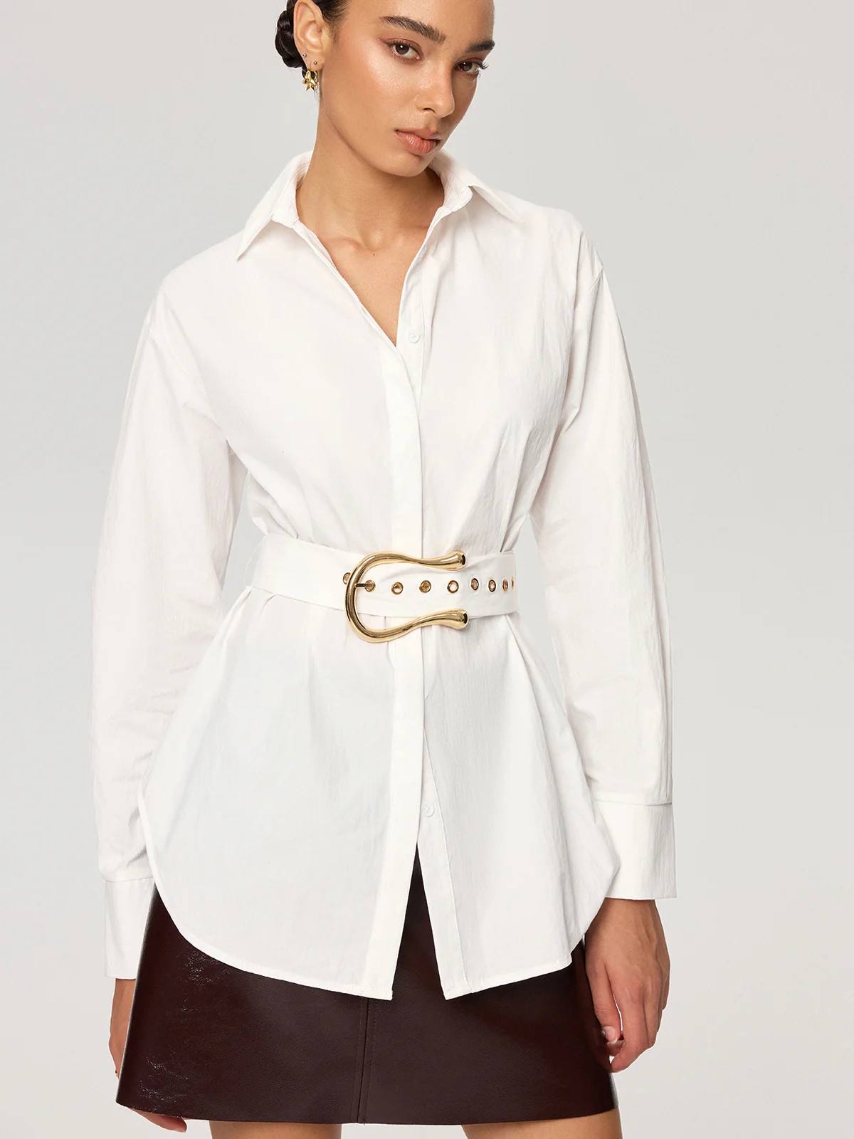 Cotton Blend Shirt with Metal Buckle Belt | Commense