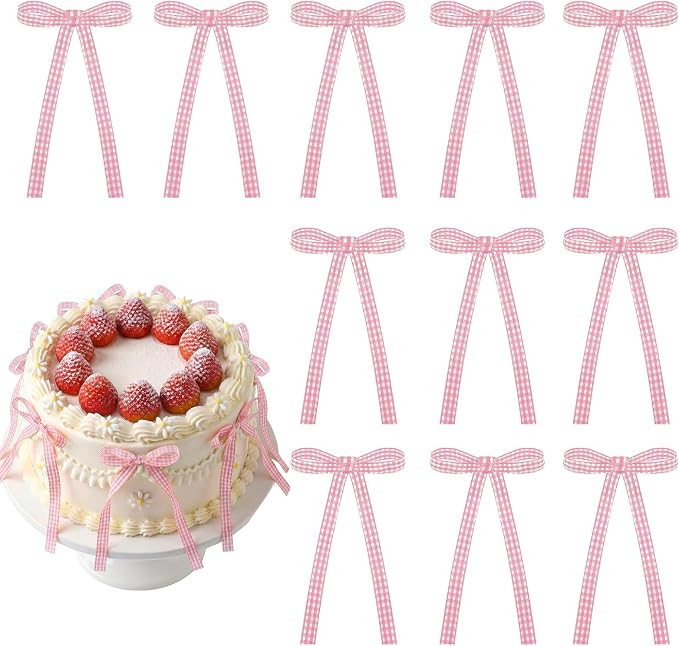 30 Pack Bow Cake Toppers Pink Gingham Ribbon Bows for Cake Pink Plaid Bow Birthday Decorations fo... | Amazon (US)