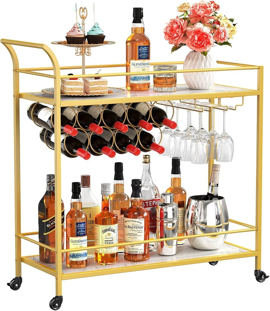 Lifewit Bar Cart, Home Bar Serving Cart, 2 Tier Drink Cart with 9 Wine Bottle Racks, Liquor Bever... | Amazon (US)