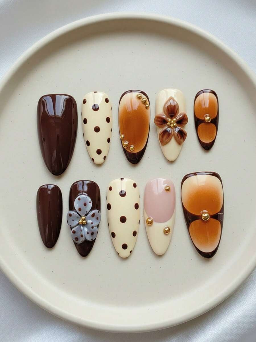 Change Your Nails! 10PCS Mid-Length Almond Handmade Press On Nails - Gothic Brown & Orange Gradie... | SHEIN