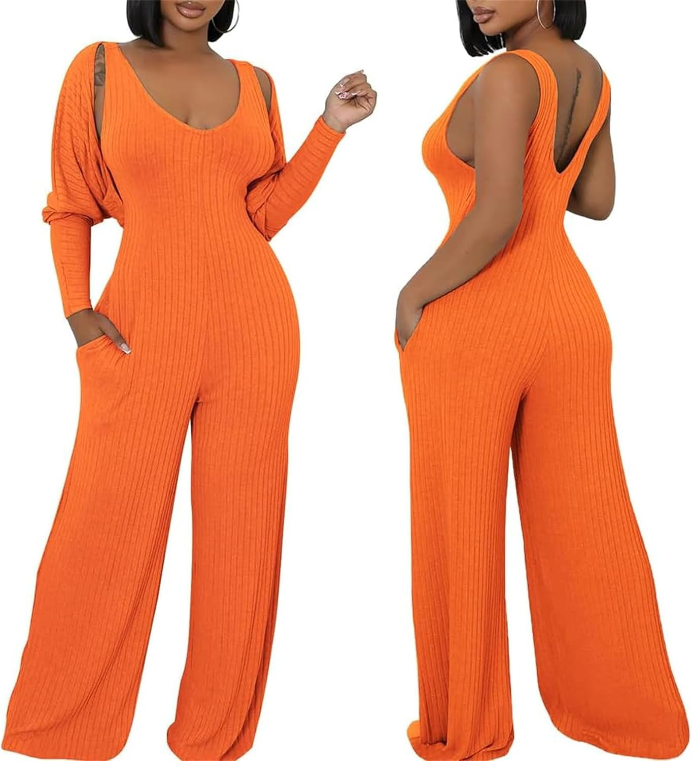 Women’s 2 Piece Set Wide Leg Jumpsuit with Cardigan Airport Travel Outfit | Amazon (US)