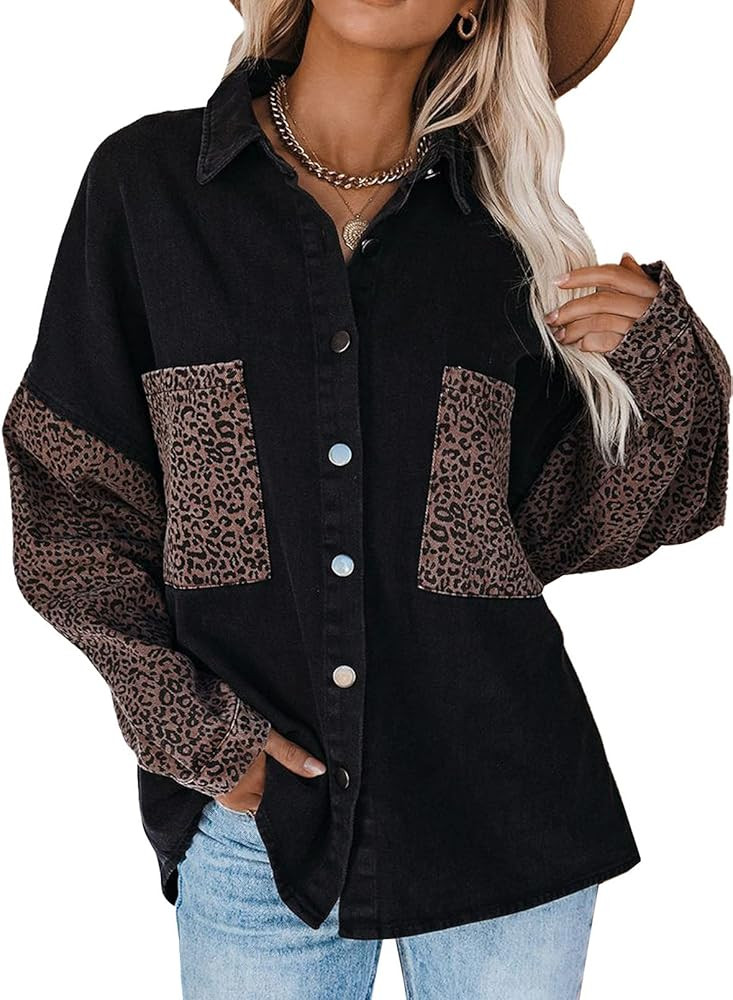 Dokotoo Womens Contrast Leopard Denim Jacket Long Sleeve Button Down Shirts Boyfriend Oversized Blou | Amazon (US)