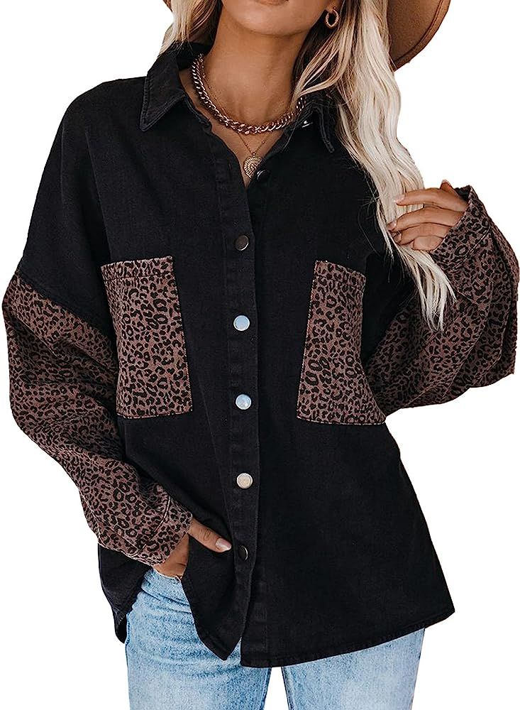 Dokotoo Womens Contrast Leopard Denim Jacket Long Sleeve Button Down Shirts Boyfriend Oversized Blou | Amazon (US)