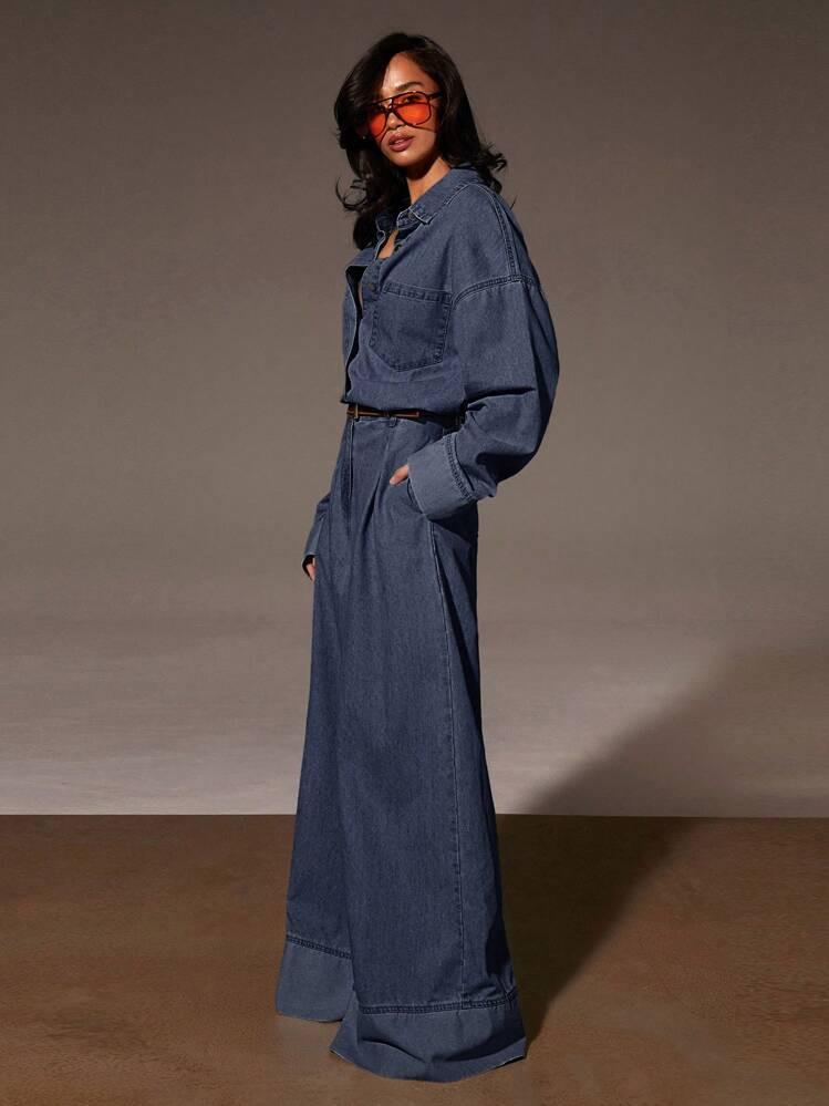 Athîral Women's Casual Washed Wide Leg Denim Jumpsuit, Fall Women Clothes | SHEIN