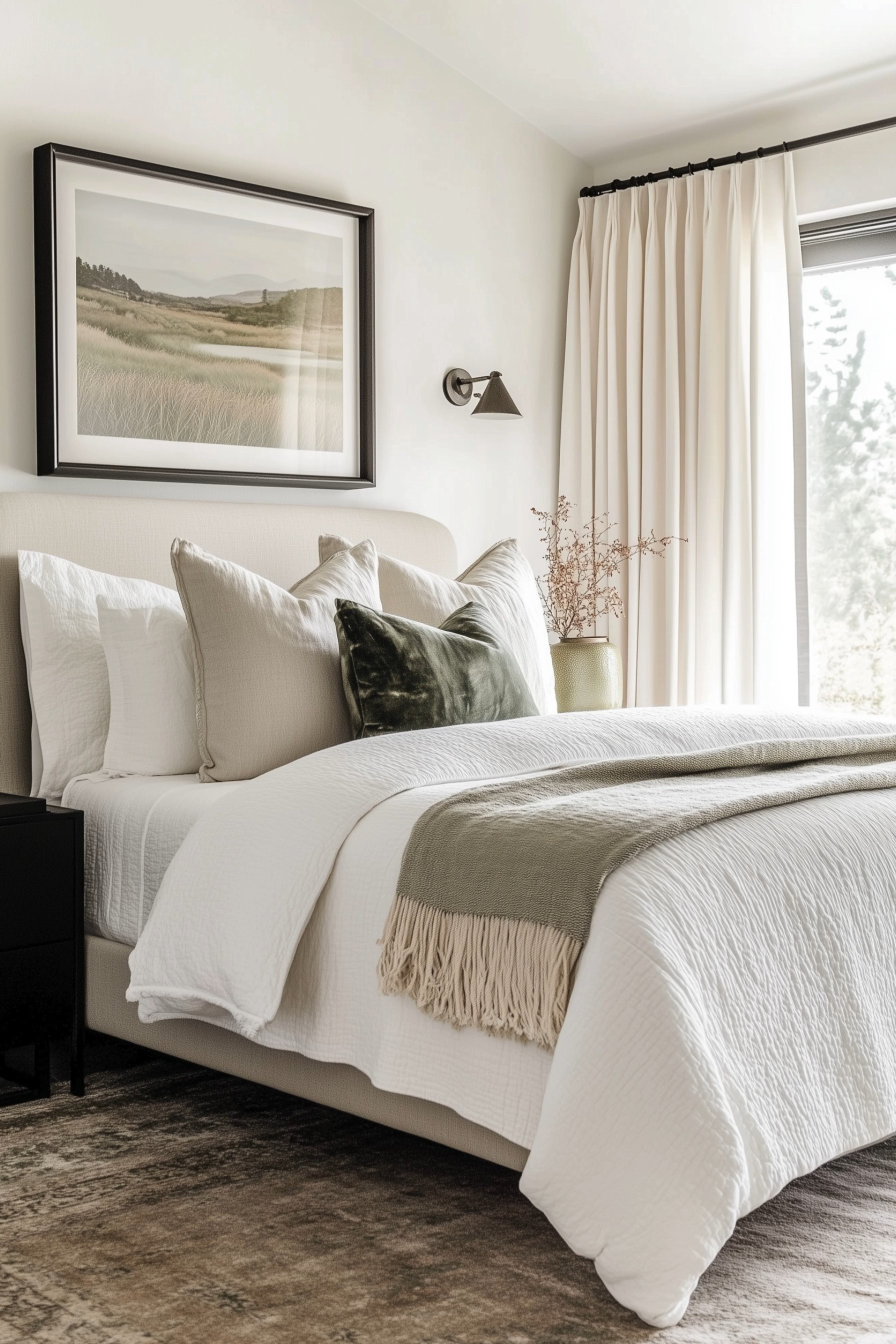 Cozy Neutral Bedroom Refresh 🤍 This serene bedroom blends warm neutral tones, crisp white bedding, soft sage green accents, and timeless transitional details for an effortlessly elevated look. The upholstered bed is layered with oversized neutral pillows, a deep olive velvet lumbar pillow, and a sage fringed throw, while landscape artwork, a vintage-inspired wall sconce, floor-to-ceiling cream curtains, and an earthy area rug add warmth and dimension. The soft green and ivory palette creates a peaceful organic modern bedroom that feels perfect for a cozy fall refresh.

🖤 If you want to see more content like this, FOLLOW maeveandmodern on LTK, Instagram, and Pinterest! Check out our blog where we post daily, maeveandmodern.com!

Neutral Bedroom | Cozy Bedroom Ideas | Fall Bedroom Refresh | Organic Modern Bedroom | Transitional Bedroom | Sage Green Bedroom | Olive Green Decor | Green Velvet Pillow | White Bedding | Neutral Bedding | Layered Bedding | Upholstered Bed | Sage Green Throw Blanket | Neutral Throw Pillows | Landscape Wall Art | Bedroom Wall Sconce | Cream Curtains | Floor to Ceiling Curtains | Neutral Area Rug | Earth Tone Bedroom | Warm Neutral Interiors | Cozy Fall Home | Guest Bedroom Ideas | Primary Bedroom Decor | Designer Bedroom Inspiration#LTKFindsUnder100

#LTKHome #LTKSaleAlert #LTKSeasonal