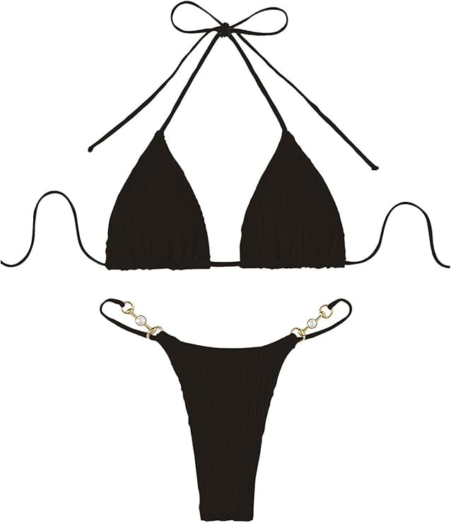 Verdusa Women's 2 Piece Bikini Set Swimsuits Swimwear Halter Triangle Top and Thong Bathing Suit | Amazon (US)