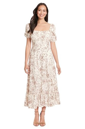 London Times Women's Dresses Square Neck Smocked Back Linen Blend Flattering Versatile Spring Summer Garden Party Dress, Ivory/Birchwood, 12 | Amazon (US)