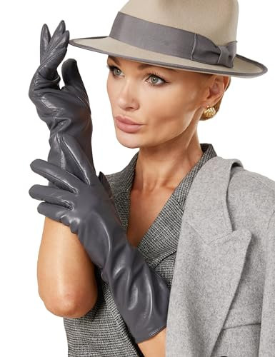 VIKIDEER Long Genuine Leather Gloves for Women Full Touchscreen Winter Warm Lined Elegant Type 12.5'' Gray Large | Amazon (US)