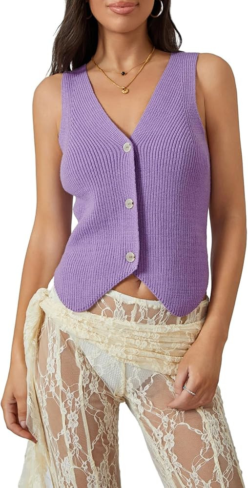 Fernvia Women's V Neck Sleeveless Button Down Crochet Vest Top | Amazon (US)