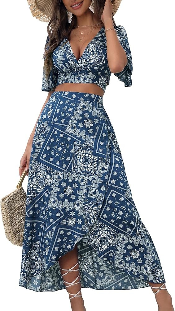 Floerns Women's 2 Piece Boho Twist Front Top and High Split Maxi Skirt Set | Amazon (US)