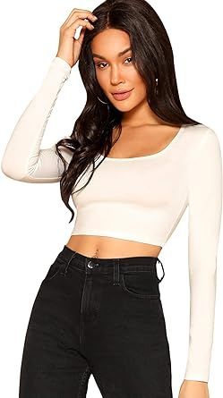 Verdusa Women's Scoop Neck Long Sleeve Crop Tee Top | Amazon (US)