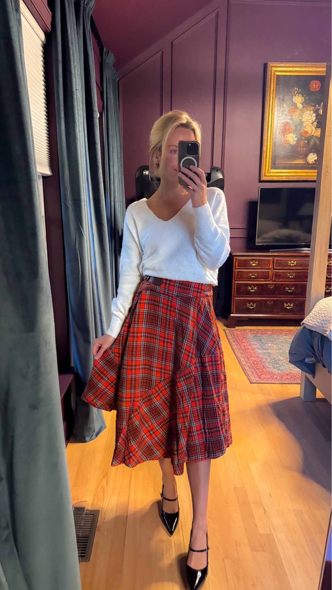 Christmas clothes holiday outfit Thanksgiving outfit family photo outfit red maxi skirt red midi skirt holiday sweater christmas sweater white long sleeve shirt white sweater black heels plaid maxi skirt tartan skirt 

#LTKHoliday #LTKSeasonal #LTKCyberWeek