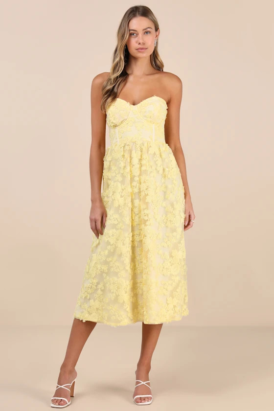 Quite Perfect Yellow Floral Embroidered Strapless Midi Dress | Lulus