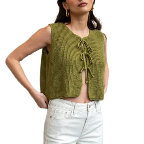 Women Vest Top Tie Front Crochet Knit Vest Y2k Sleeveless Going Out Tops Fashion Streetwear Green M | Amazon (US)