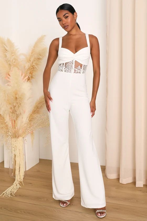 Adore the Feeling White Sheer Lace Bustier Twist-Front Jumpsuit | Lulus