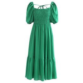 Square Neck Puff Sleeve Shirred Dress in Green | Chicwish