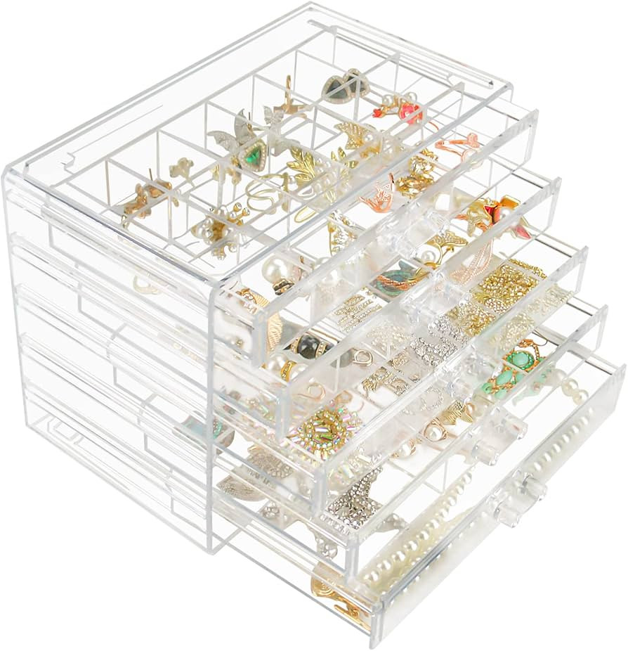Weiai Clear Acrylic Jewelry Organizer, 90 Grids Adjustable Dividers Earrings Rings Storage Box | Amazon (US)