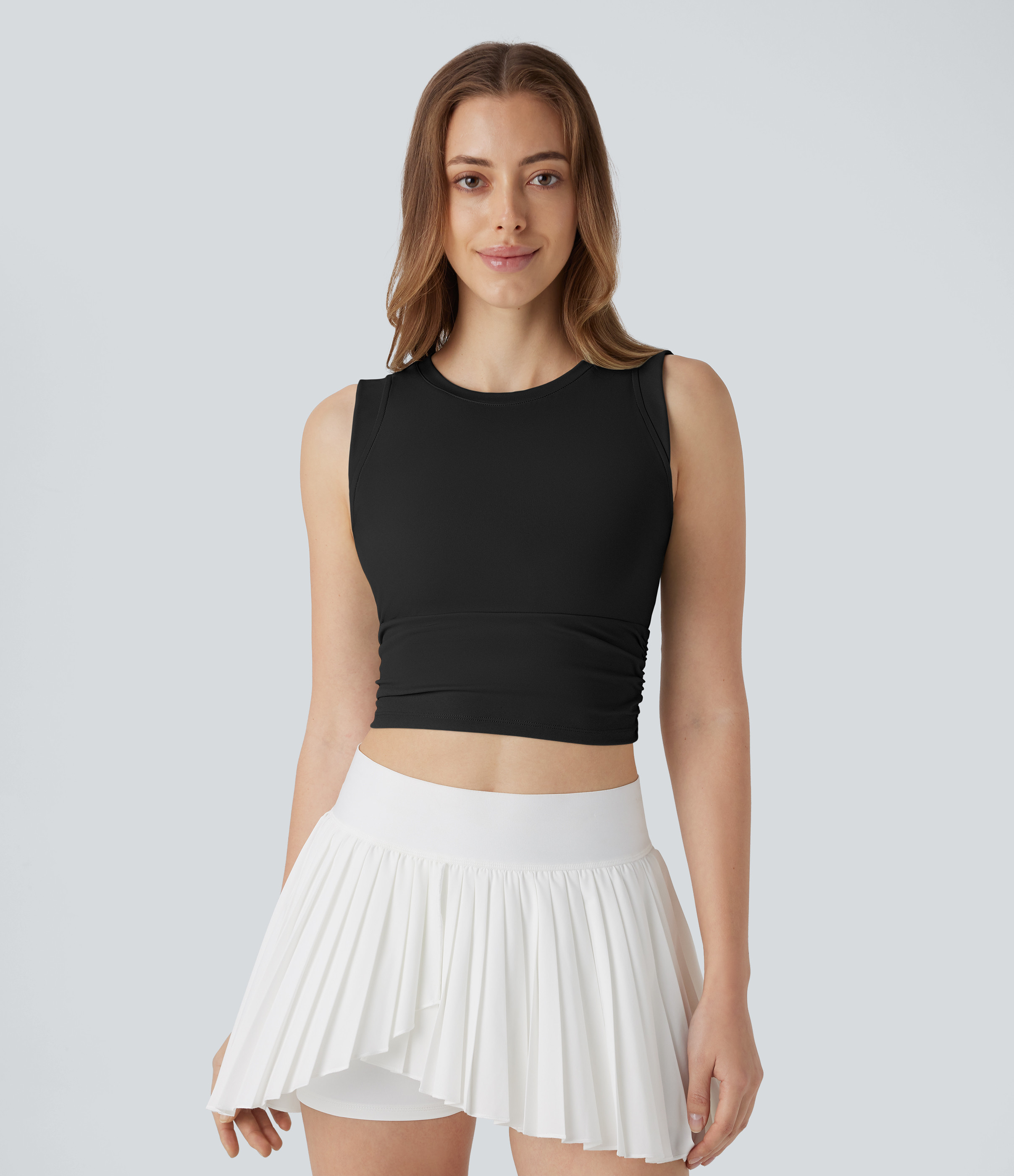 Halara SoftlyZero™ Airy Round Neck Ruched Cool Touch Cropped Tennis Tank Top Tank Top - Black - XL golf tops halter top tunic tops | HALARA