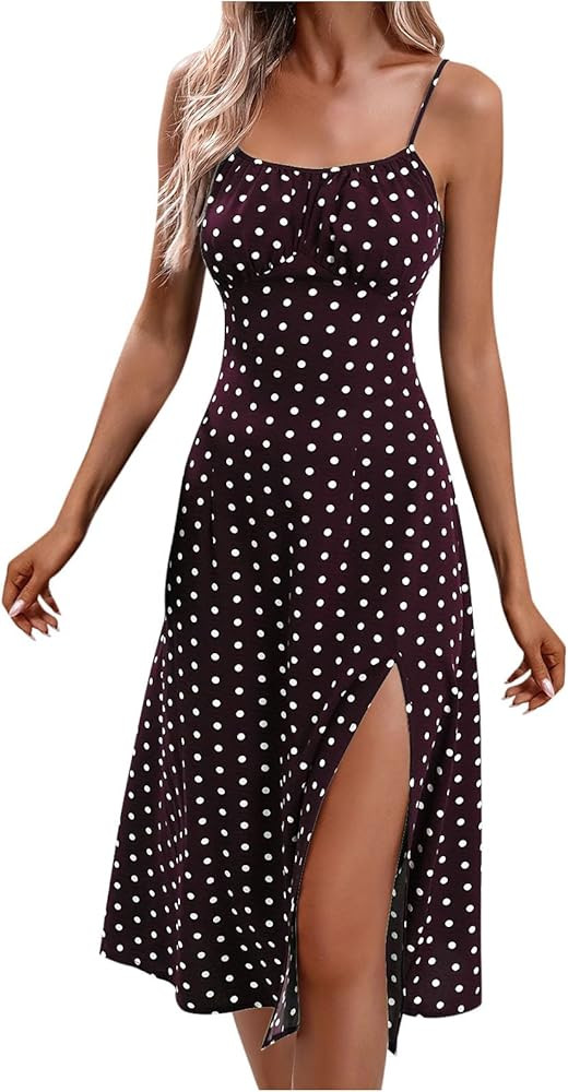 Polka Dot Summer Dresses for Women Sleeveless Ruched High Waist Casual Flowy Side Slit Cami Dress... | Amazon (US)